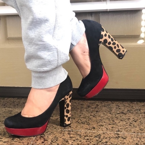 Nine West Heels red Black leopard print pumps like new size 6.5 shoes platforms - Picture 12 of 12